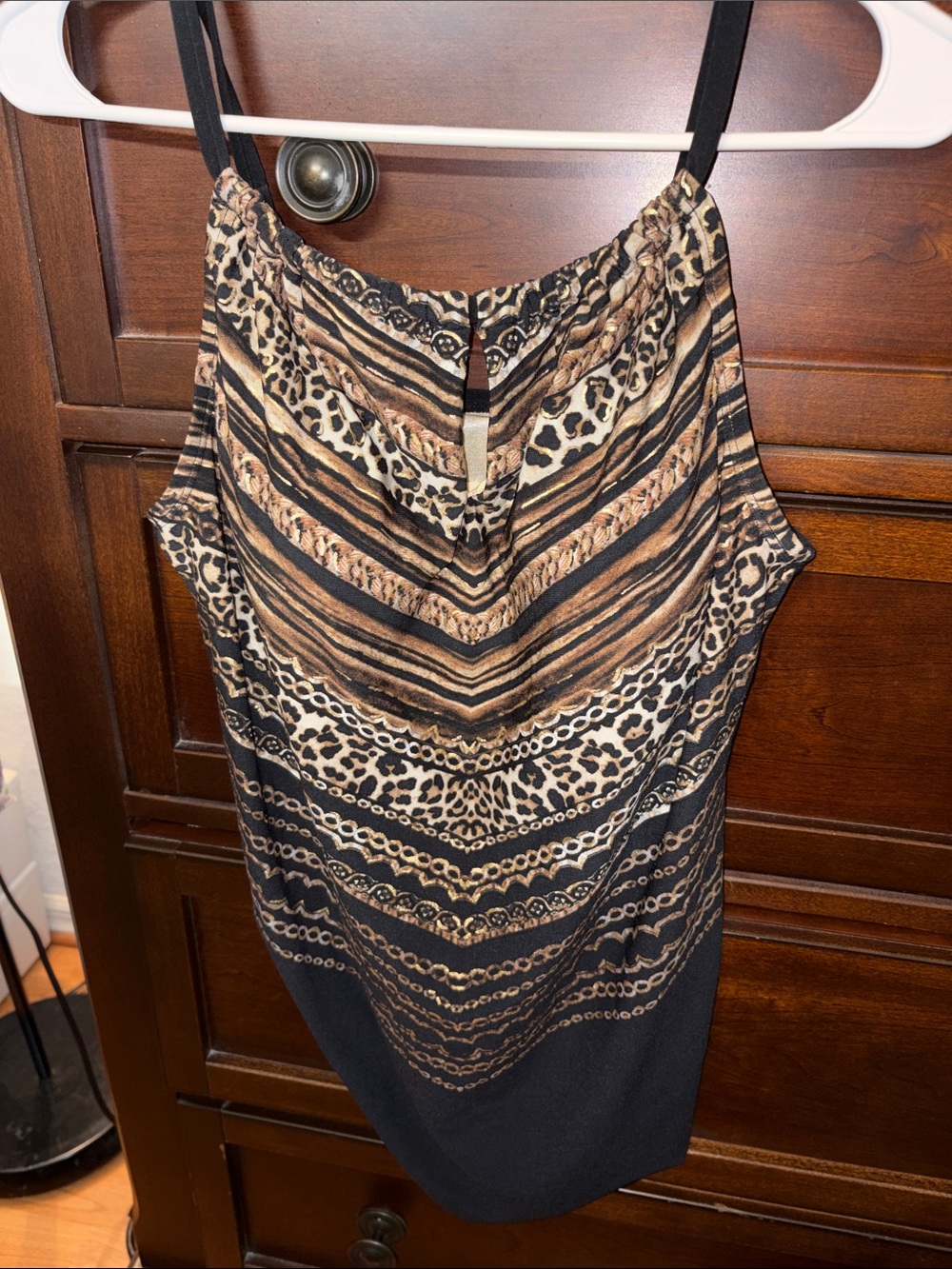 Animal Print Halter Neck Tankini Top - Black and Brown with gold